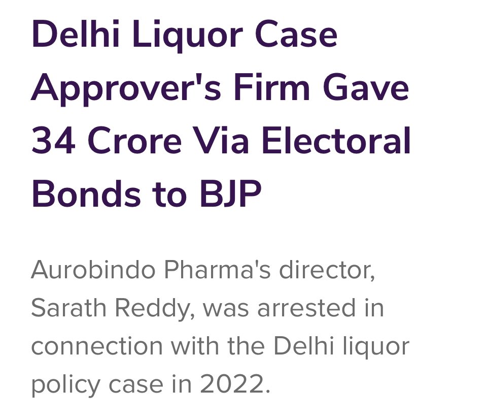 Five days after P Sarath Reddy, the director of Aurobindo Pharma was arrested by the Enforcement Directorate (ED), the company donated electoral bonds worth Rs 5 crore to the BJP. — reveals Electoral Bonds data released yesterday. See @TheQuint - thequint.com/amp/story/news…