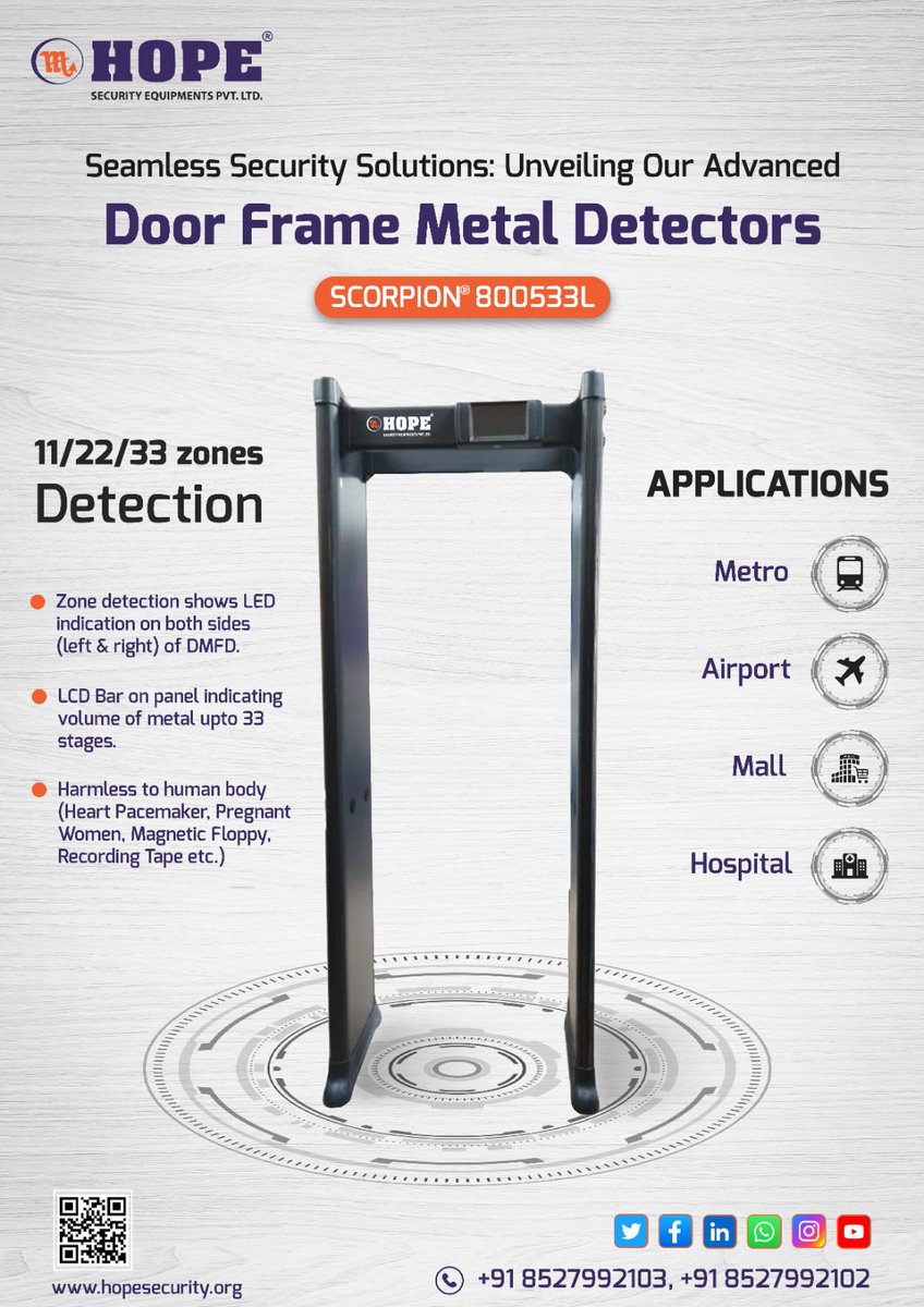 Door Frame Metal Detector Scorpion 800533L 
11/22/33 zones to precisely identify locations.
Touch LCD Display for better visualisation.
Zone detection shows LED indication on both sides (left & right) of DMFD
#metaldetector #hope #securityequipment #dfmd