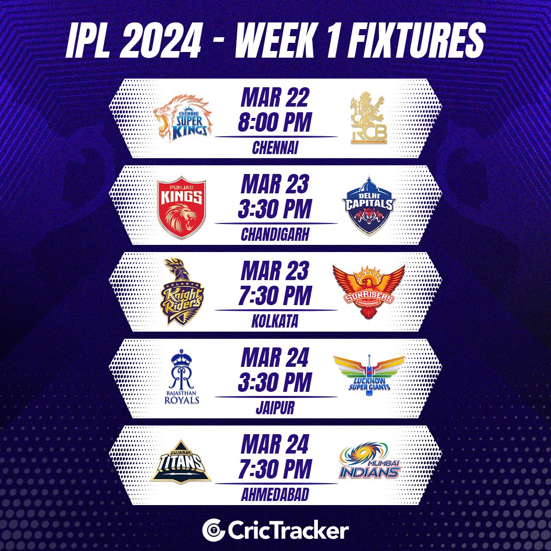 IPL festival begins today🔥 Here are the week 1 fixtures of IPL 2024!