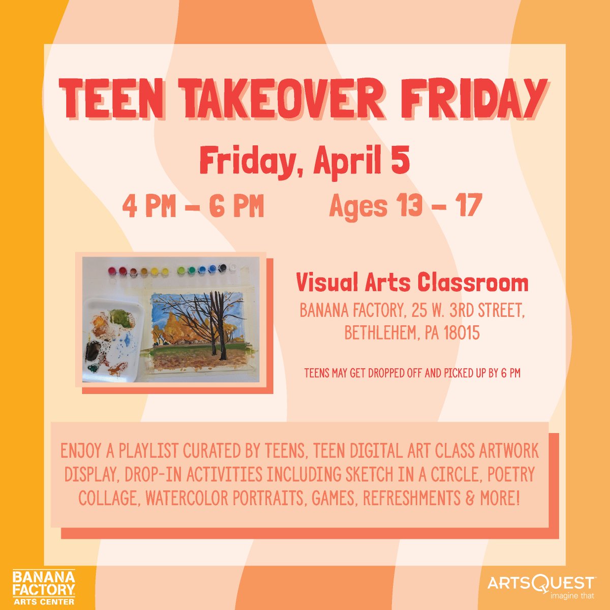 Teens 13-17, join us for our Spring Teen Takeover at The Banana Factory on April 5th! Hope to see you there! 🎨