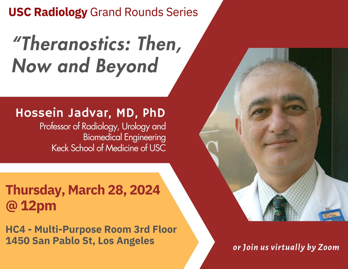 Next Week: Save the date!  
Thurs, March 28, 12pm PST, w/ Dr. Hossein Jadvar, MD

"Theranostics: Then, Now and Beyond"  

Zoom: usc.zoom.us/j/99893992392?…

Meeting ID: 998 9399 2392
Passcode: 892259

#Radiology #AcademicRadiology #GrandRounds #FightOn #NuclearMedicine #Theranostics