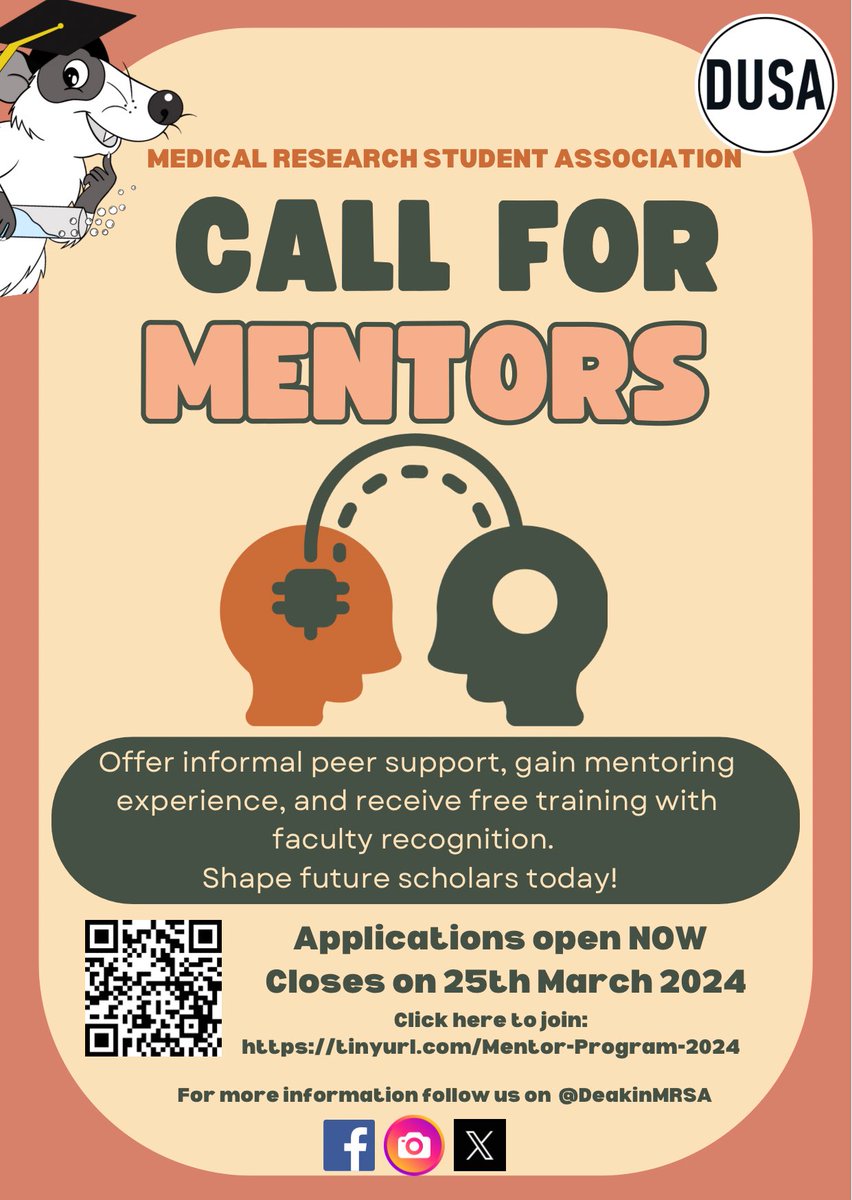 We are inviting you to join MRSA Mentorship Honours Program 2024! ✅Give honours students informal peer support ✅Gain valuable mentoring experience ✅ Receive free training and faculty acknowledgment Applications are open NOW and close on 25th March ➡️ tinyurl.com/Mentor-Program…