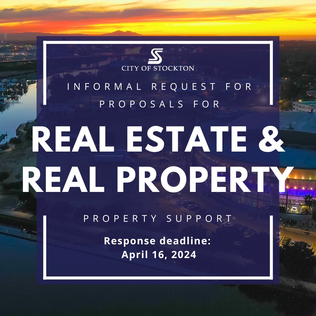 The City is seeking proposals from qualified firms to perform real estate and real property support to support the City's overall economic development goals. Responses must be submitted by April 16, 2024.

lnkd.in/gMzfD9Fu

#StocktonCA #RealEstate #EconomicDevelopment