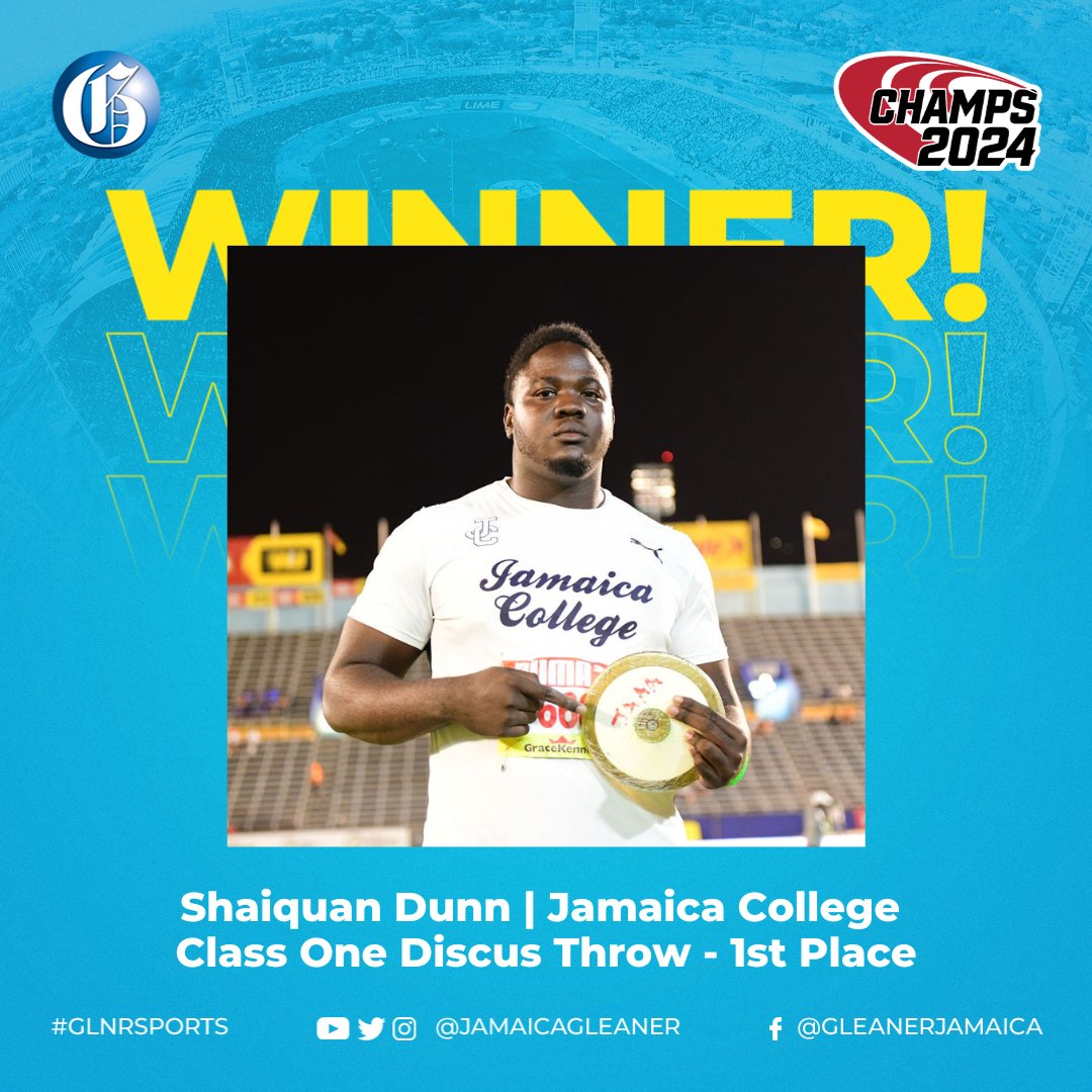 JamaicaGleaner's tweet photo. Shaiquan Dunn of Jamaica College wins the Class 1 Discus Throw competition with a distance of 65.48M. #GLNRSports #Champs2024

📸: Gladstone Taylor https://t.co/T5J6GFmEIq