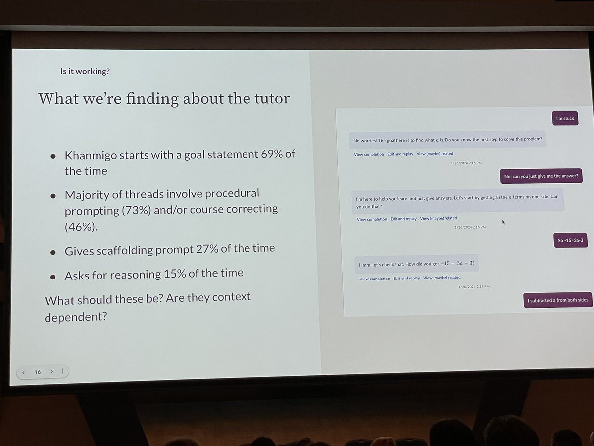 Final day of #LAK24 listening to our 3rd keynote speaker Kristen DiCerbo of Khan Academy sharing about their AI-powered tutor Khanmigo. Fascinating to see how students have been interacting with the tutor!