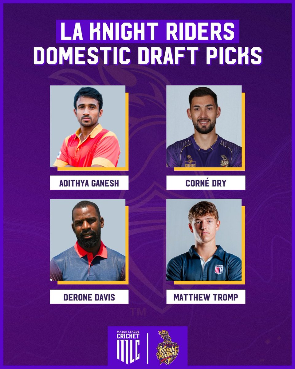 Los Angeles Knight Riders Draft Picks. 💜

Adithya Ganesh [Left-Handed WK Batsman]
Corné Dry is back [All Rounder]
Derone Davis [Slow Left Arm Orthodox]
Matthew Tromp [Seam Bowling All Rounder]

Welcome to the  #GalaxyOfKnights ✨💜

#MajorLeagueCricket | @LA_KnightRiders