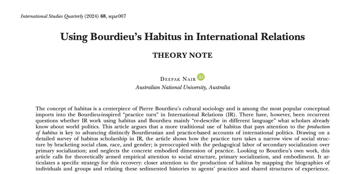 New article in @ISQ_Jrnl. It responds to a recurrent criticism of the Pierre Bourdieu inspired ‘practice turn’ in IR – that it generates accounts of the world that appear to be “redescription in less traditional language” (in the words of Robert Jervis) academic.oup.com/isq/article/68…
