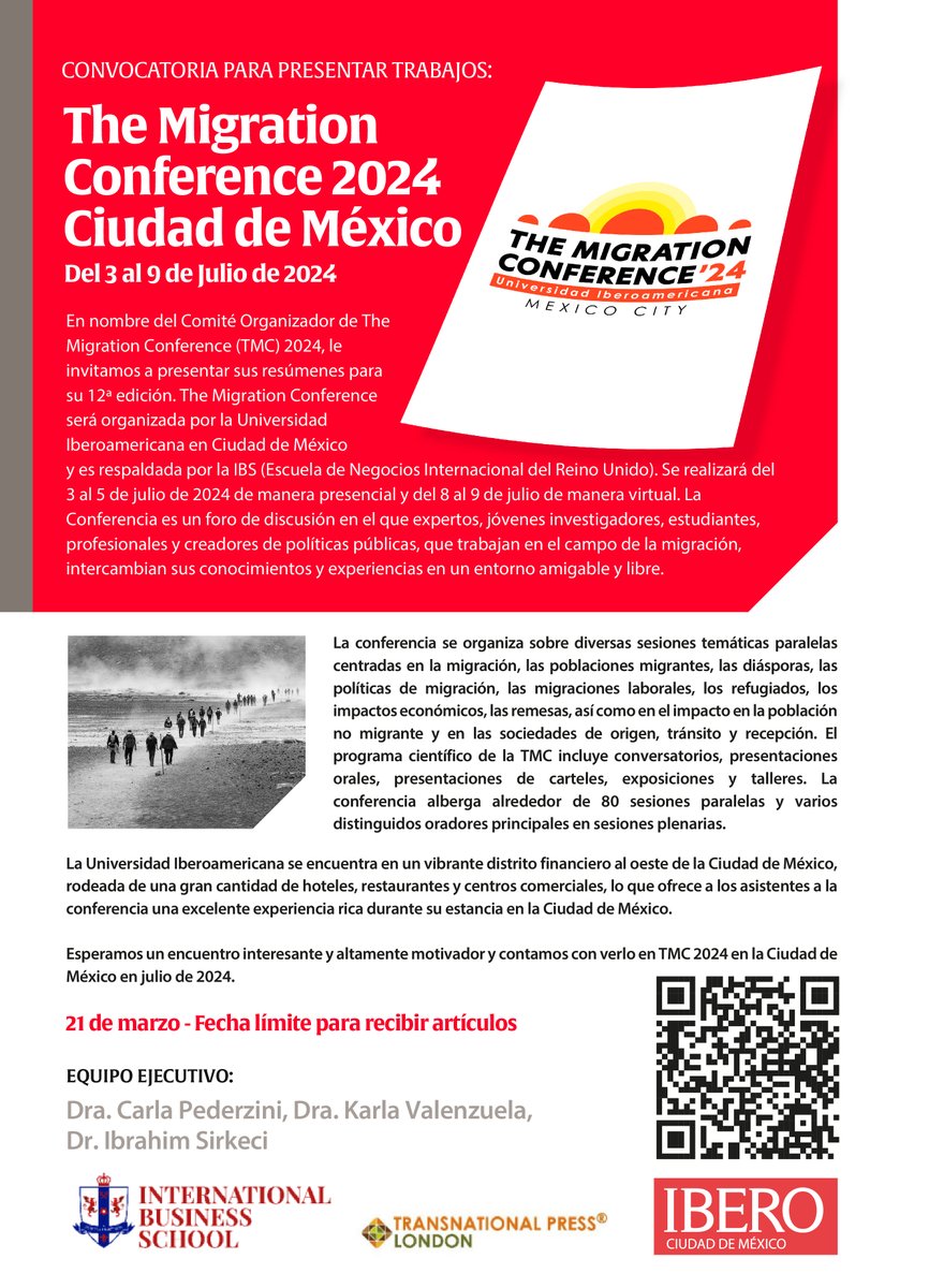 mesmibero's tweet photo. ¡HOY! Último día para inscribir tu ponencia en The Migration Conference, un espacio para discutir sobre movilidad humana internacional desde la academia y la práctica. Te esperamos en @IBERO_mx del 3 al 5 de julio y en línea el 8 y 9. Inscríbete aquí 👇 https://t.co/sOf7IecUBX