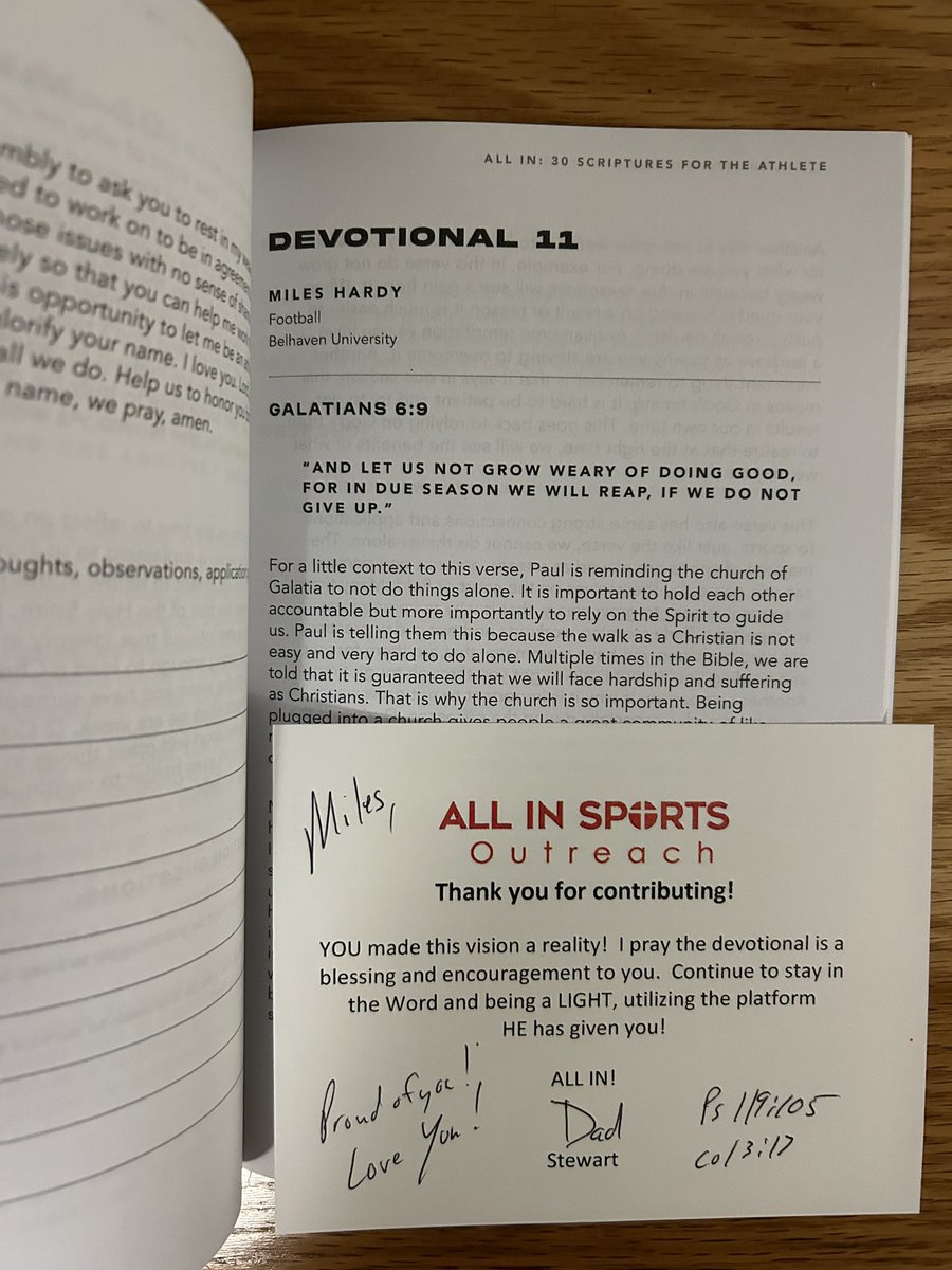 Miles__Hardy's tweet photo. Check out the recently published devotional book by All In Sports Outreach, 30 Scriptures For The Athlete written by athletes. Honored to have the opportunity to write in the devotional alongside other college athletes nationwide, at different levels, and playing different sports https://t.co/dTInwFZyoq