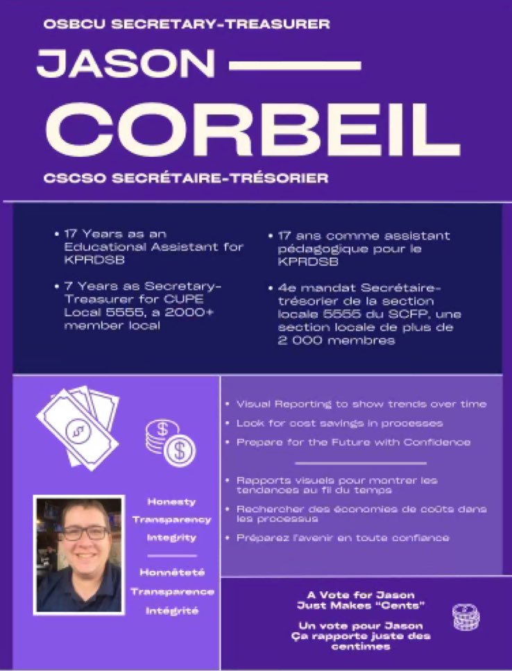 We are pleased to announce that our treasurer ,  Jason Corbeil will be running for the position of OSBCU treasurer at next week’s convention.