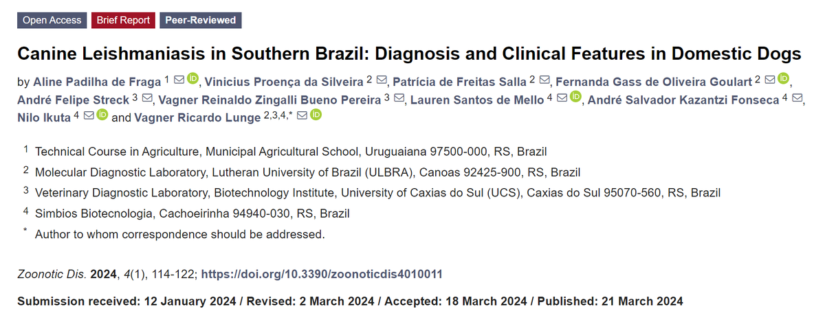 New Publication🎉: Canine #Leishmaniasis in Southern Brazil: Diagnosis and Clinical Features in Domestic Dogs mdpi.com/2813-0227/4/1/…
