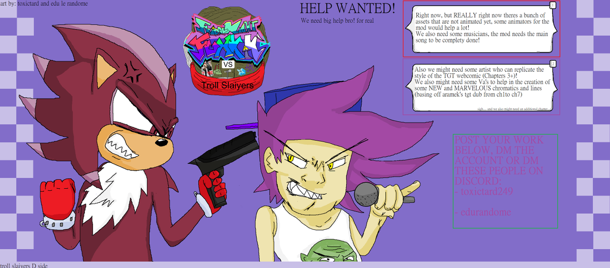 DSideTrollSlaiyers (long ass hiatus) (@trollslaiyersds) on Twitter photo we need some incredible and badass people to work on this troll killing plan. #fnfmod #fridaynightfunkin #tgtfnf #dsides
<a href="/FNFnewsespanis/">⭐️FNIS ****** ☕️</a> <a href="/News_Funkin/">Funkin News</a> we need some incredible and badass people to work on this troll killing plan. #fnfmod #fridaynightfunkin #tgtfnf #dsides
<a href="/FNFnewsespanis/">⭐️FNIS ****** ☕️</a> <a href="/News_Funkin/">Funkin News</a>