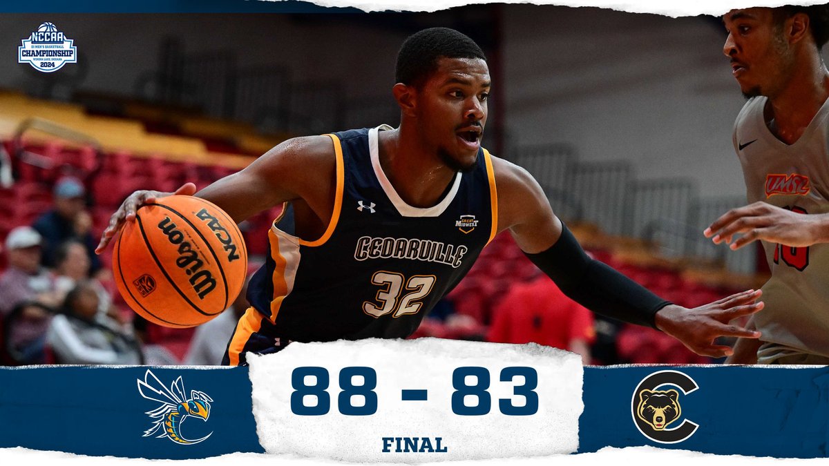 MBB FINAL - #1-seed @CedarvilleMBB defeats #5-seed Clinton College Golden Bears 88-83 to advance to @NCCAAChamps final vs #2 seed Wayland Baptist on Sat., March 23 at 2 PM in Winona Lake, IN. #CUJackets (22-12) led by @j_maughmer 📷 17 pts; @Chris__rogers 15 pts; @jddrees 13 reb.