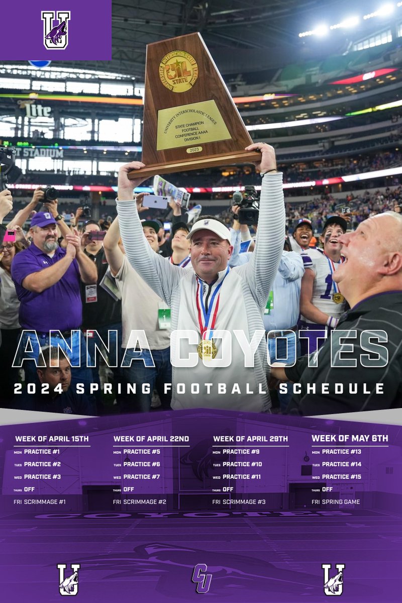 It’s almost time to officially kick off the 2024 football season. Anna Football Spring Ball starts in a few week. Practice and Scrimmage schedule below. #CU @8_parr
