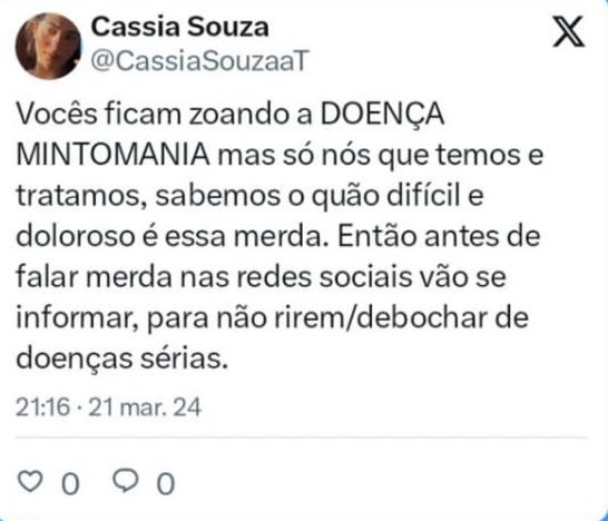 choqueisepee's tweet photo. VEJA🚨: agora em suas redes sociais, @CassiaSouzaaT alega ser “mintomaniaca” será uma nova doença? https://t.co/Xg5oefbYES