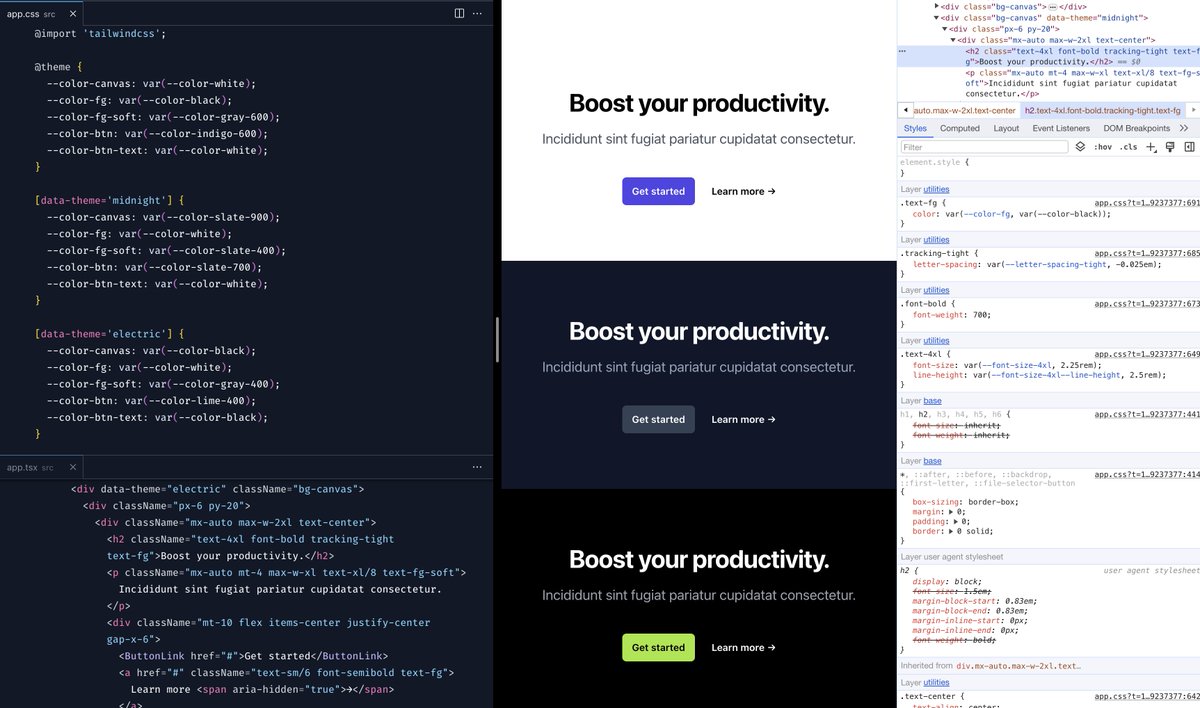 adamwathan's tweet image. Shipped Tailwind CSS v4.0-alpha.10 today, which now uses CSS variables for each utility by default ✨

Makes theming a breeze 🎨