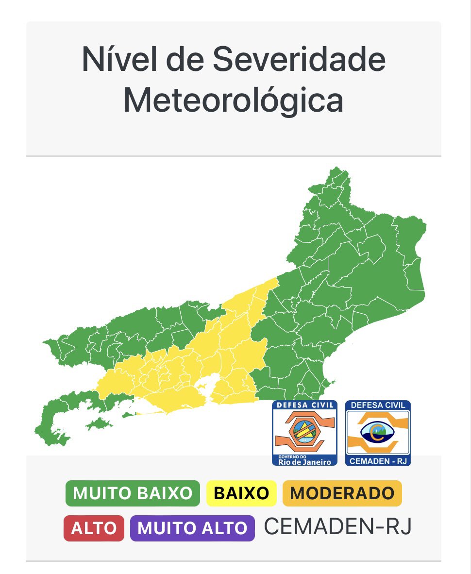 ⛈️ Alertas #ChuvasRJ Atualização em tempo real - 21/03 - 22h NÍVEL DE SEVERIDADE METEOROLÓGICA 🟡Baixada Fluminense 🟢Baixada Litorânea 🟡Capital Fluminense 🟢Costa Verde 🟡Reg Metropolitana 🟢Reg Norte 🟢Reg Noroeste 🟡Reg Serrana I 🟢Reg Serrana II 🟢Reg Sul I 🟡Reg Sul II