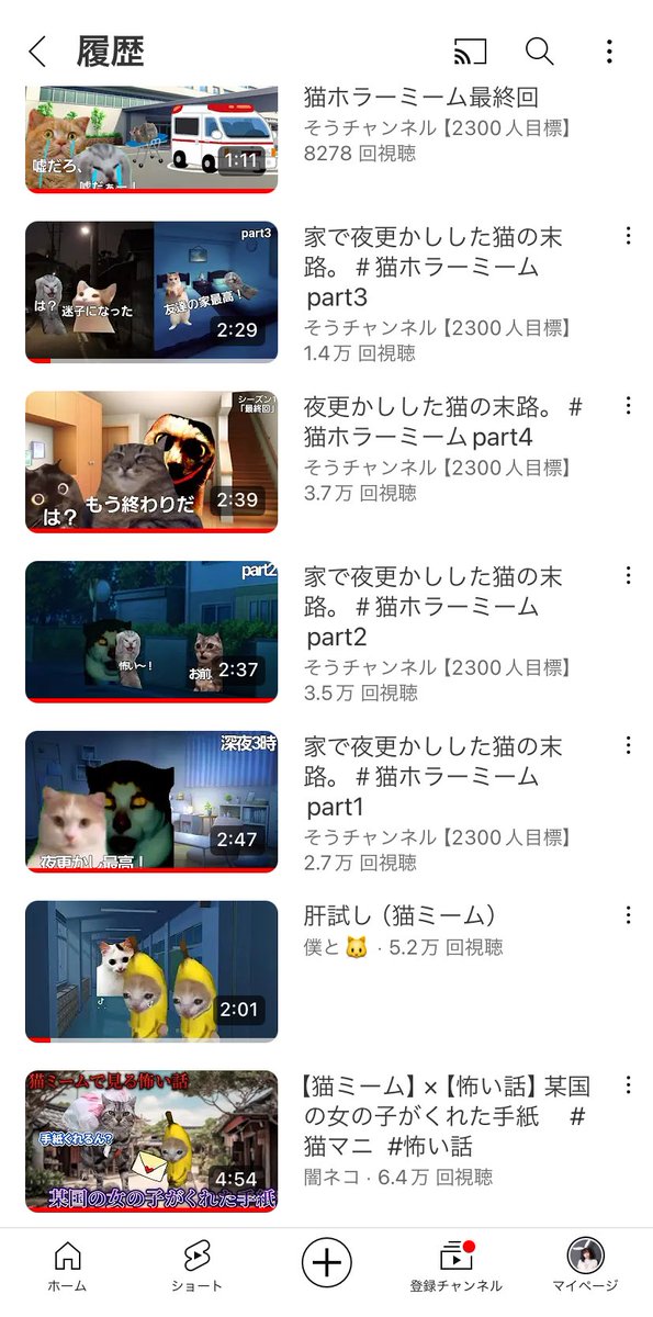 猫ミームのホラーはまりすぎててお友達とホラー観ようってなったのに猫ミームばっか観せてたの冷静にやばいし、てか自分のYouTubeの履歴が7割猫ミームで残りがオカルト系かお笑い系ってくらい猫猫猫猫ミ https://t.co/Hs3sw7iu4T