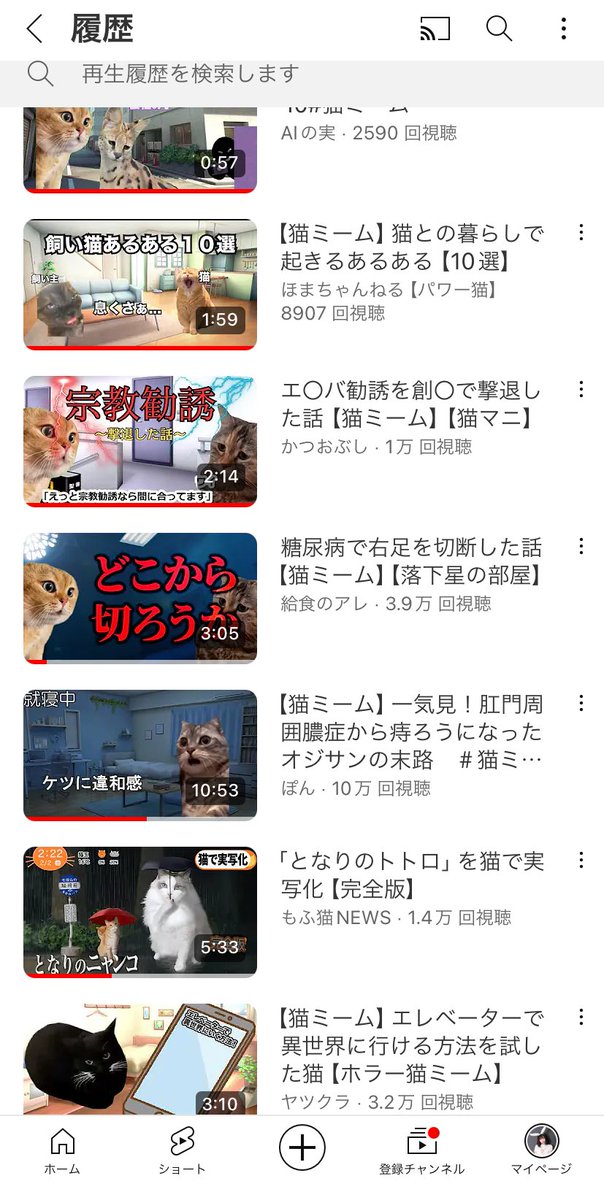 猫ミームのホラーはまりすぎててお友達とホラー観ようってなったのに猫ミームばっか観せてたの冷静にやばいし、てか自分のYouTubeの履歴が7割猫ミームで残りがオカルト系かお笑い系ってくらい猫猫猫猫ミ https://t.co/Hs3sw7iu4T