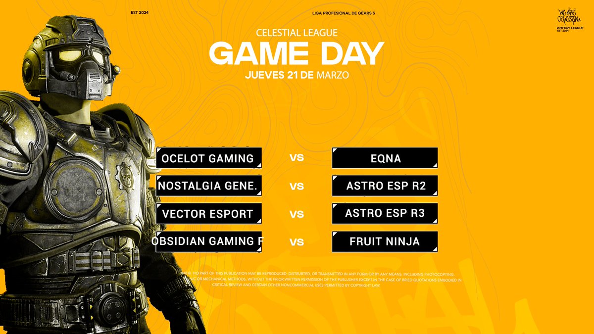 Celestial Victory League (@celestial_vl) on Twitter photo Damos comienzo oficialmente con nuestra Pretemporada con los siguientes enfrentamientos.
Jornada 1
Modalidad: Control
Mapa: Distrito
Participantes:
<a href="/OcelotGeSports/">OcelotGaming</a>
EQNA
<a href="/NostalgiaGnesis/">๐๐จ๐ฌ๐ญ๐๐ฅ๐ ๐ข๐</a>
<a href="/AstroE_Sports/">Astro Esports</a>
<a href="/OB_OBSIDIANG/">Obsidian Gaming</a>
<a href="/VectorSportG/">Vector Sport</a>
Fruit Ninja Damos comienzo oficialmente con nuestra Pretemporada con los siguientes enfrentamientos.
Jornada 1
Modalidad: Control
Mapa: Distrito
Participantes:
<a href="/OcelotGeSports/">OcelotGaming</a>
EQNA
<a href="/NostalgiaGnesis/">๐๐จ๐ฌ๐ญ๐๐ฅ๐ ๐ข๐</a>
<a href="/AstroE_Sports/">Astro Esports</a>
<a href="/OB_OBSIDIANG/">Obsidian Gaming</a>
<a href="/VectorSportG/">Vector Sport</a>
Fruit Ninja