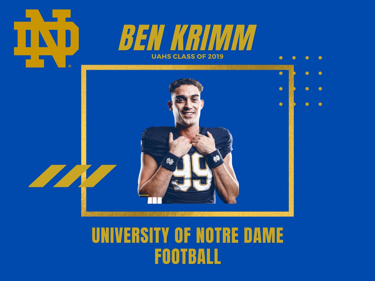 The @GoldenBears_FB family is so proud of @benkrimm today. He took part in the @NDFootball Pro Day. During his workout, Ben averaged 47 yards with ten punts. Ben graduated from UA in '19 as was All-Ohio in '17 & '18. Congrats, Ben! #GoBears #GoodLuck