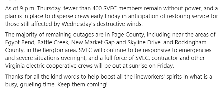 A final update for Thursday regarding outages in our territory from Wednesday's winds.