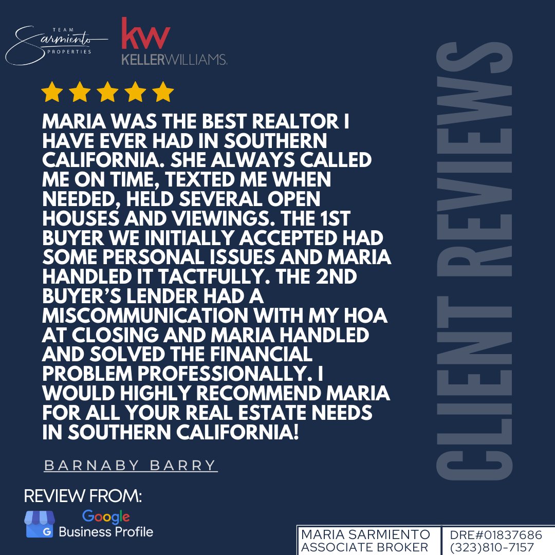 We're grateful for the trust you've placed in us; your kind words inspire our team to strive for excellence daily. Thank you for being part of our journey!

We are your trusted advisor! We are big enough to deliver and small enough to care.

Maria F Sarmiento
DRE#01837686
