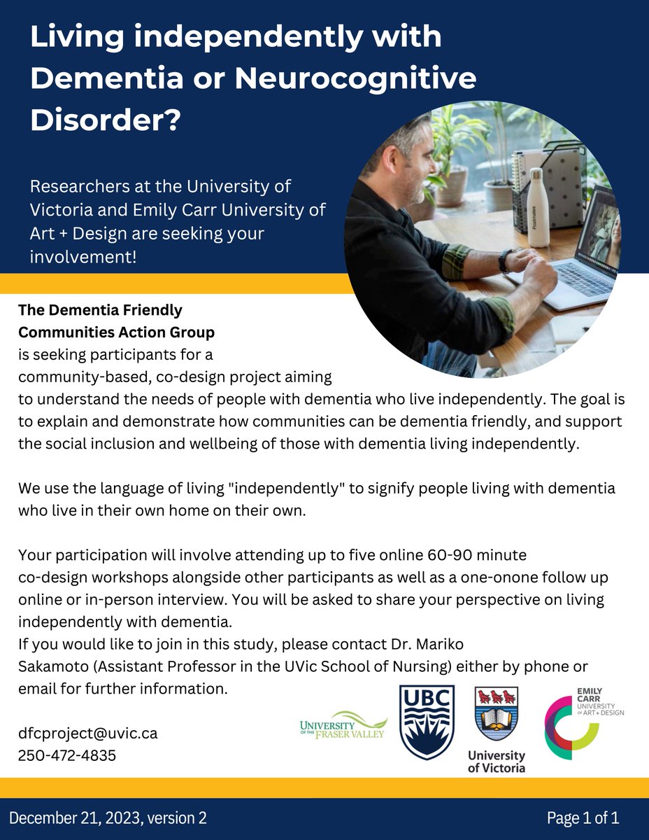 Centre for Research on Personhood in Dementia (@bc_crpd) on Twitter photo Opportunity for people living with dementia independently!
<a href="/MarikoSakamoto1/">Mariko Sakamoto, RN, PhD</a> at <a href="/uvic/">UniversityOfVictoria</a> and researchers at <a href="/EmilyCarrHDL/">ECU Health Design Lab</a> are recruiting people living with dementia independently to have conversations about how communities can be more dementia friendly.
Contact dfcproject@uvic.ca Opportunity for people living with dementia independently!
<a href="/MarikoSakamoto1/">Mariko Sakamoto, RN, PhD</a> at <a href="/uvic/">UniversityOfVictoria</a> and researchers at <a href="/EmilyCarrHDL/">ECU Health Design Lab</a> are recruiting people living with dementia independently to have conversations about how communities can be more dementia friendly.
Contact dfcproject@uvic.ca