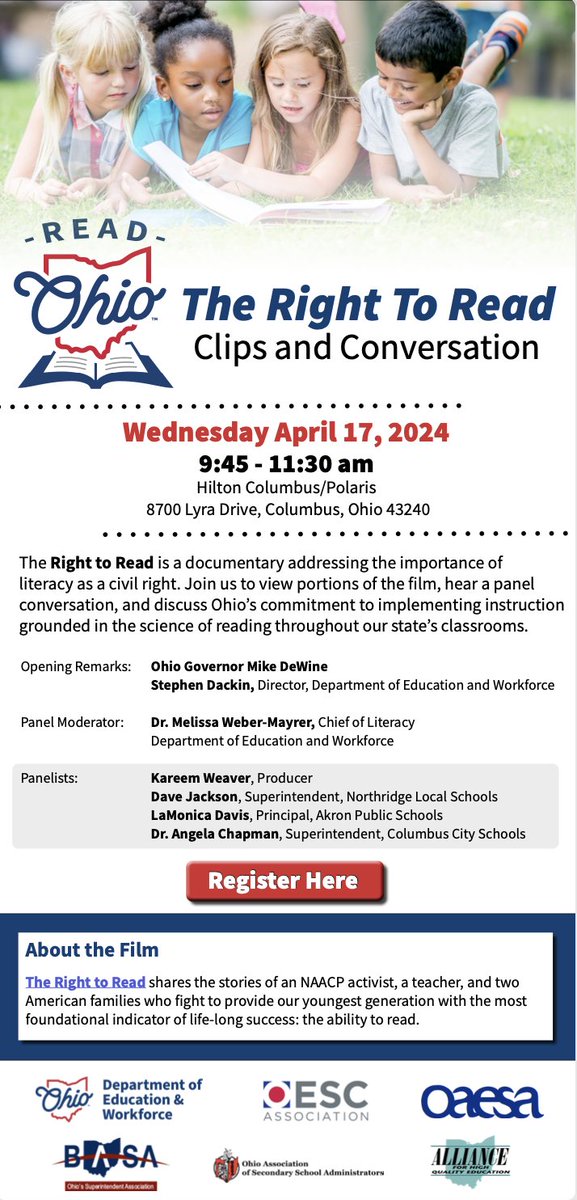 Join literacy leaders from across Ohio at 'Clips and Conversations'! Dive into @RightToReadFilm as panelists highlight crucial literacy battles. Gain insights from Governor DeWine, education leaders, and passionate advocates. Don't miss out on April 17th.