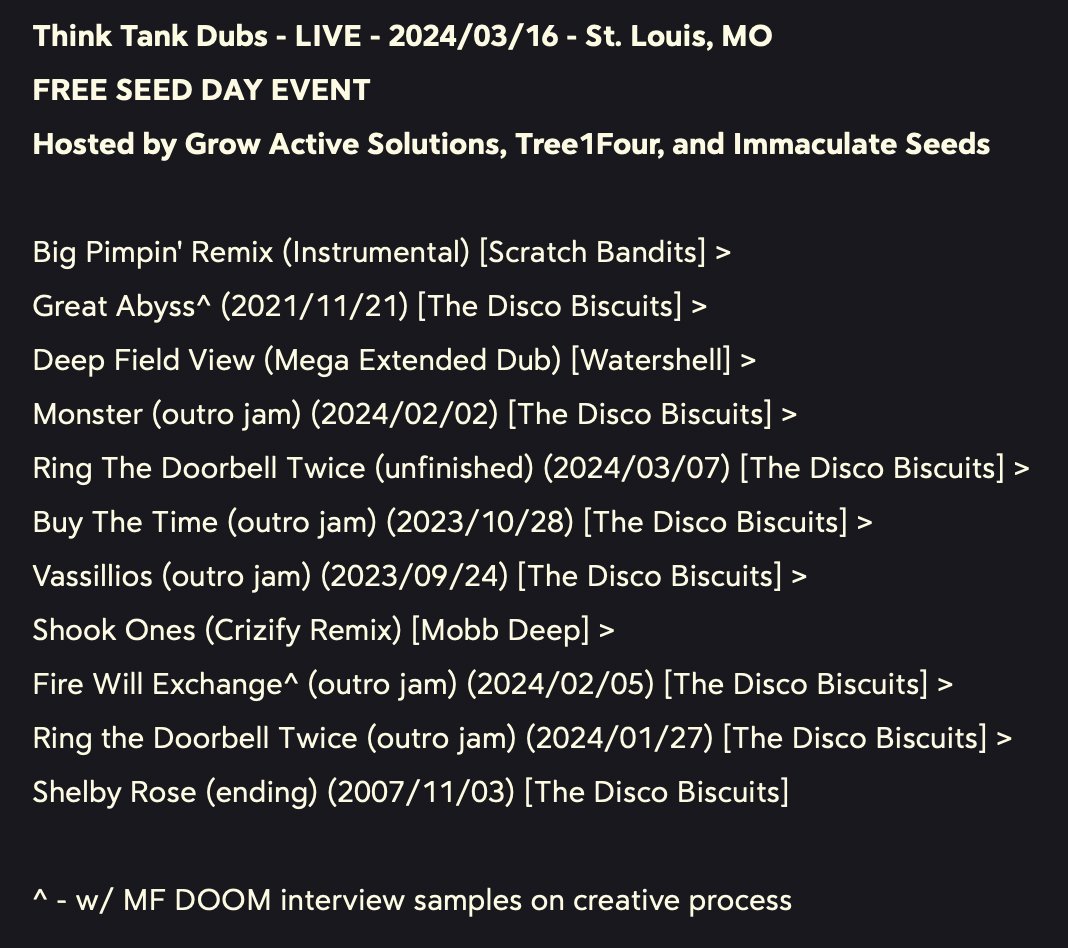 Last wknd's LIVE TTD set was kinda redic...

- DOOM samples over Boop>Abyss (Caverns Fall '21) AND Fire Will Exchange dub jam (Aspen)

- an unfinished Doorbell & a Doorbell outro jam

- tons of > and > of Tractorbeam jams from Fall 23 & WWD tour

- set ends w/ a Fall '07 Shelby