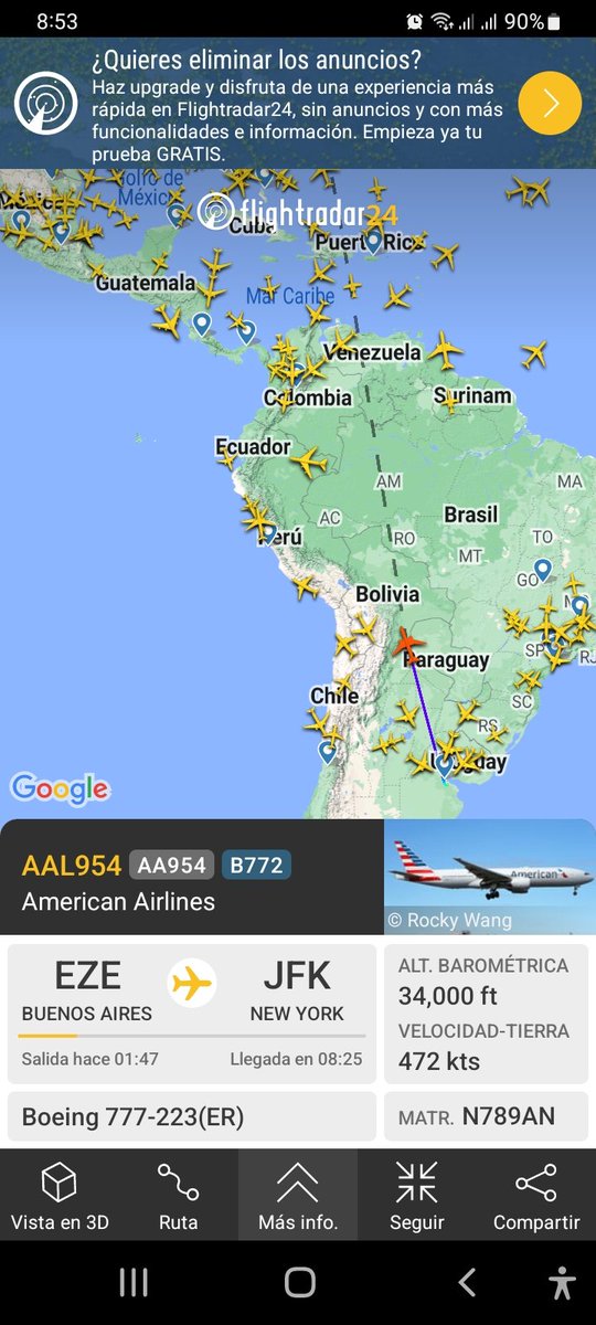 El avión que se observa en rojo tiene ruta de Argentina 🇦🇷 Nueva York y se observa pasara sobre Venezuela lo voy a seguir para ver si desvía ruta debido a sanciones que existe por el robo de nuestro avión 🛬