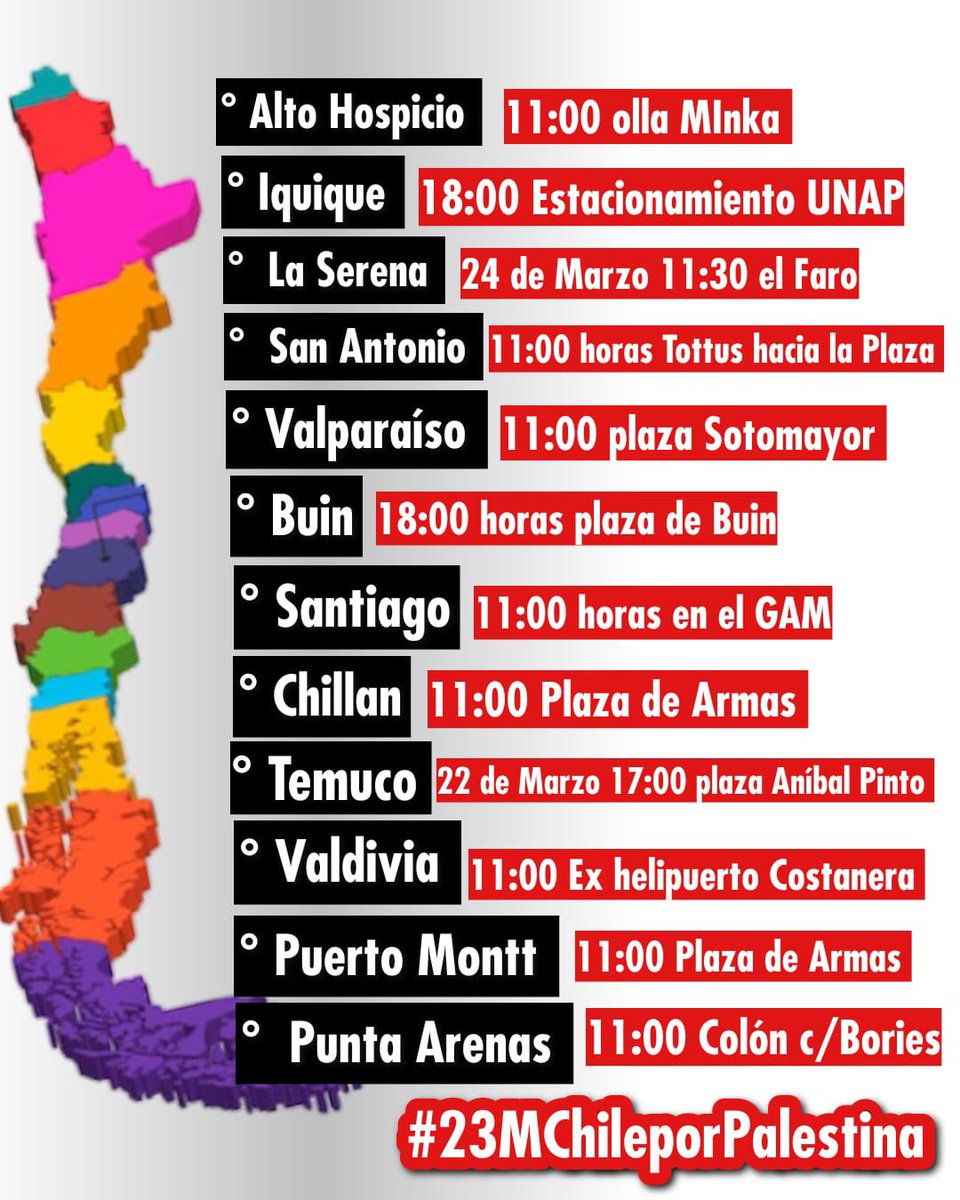 Atentos todos 👇🏼👇🏼👇🏼 Convocatorias de Solidaridad con el pueblo Palestino para este fin de semana.

#23MChilePorPalestina comienza el viernes 22 de Marzo Convocatorias de Solidaridad con el pueblo Palestino para este fin de semana 
#EsGenocidio