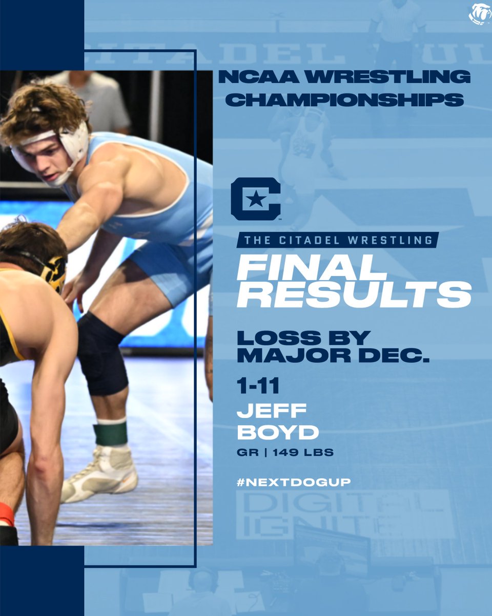 With an 11-1 major decision loss in the consolation bracket, The Citadel rep Jeff Boyd bows out of the @NCAAWrestling Championships. The grad student headlined his season w/ a silver-medal finish SoCon finish en route to an appearance on the national stage! #NextDogUp