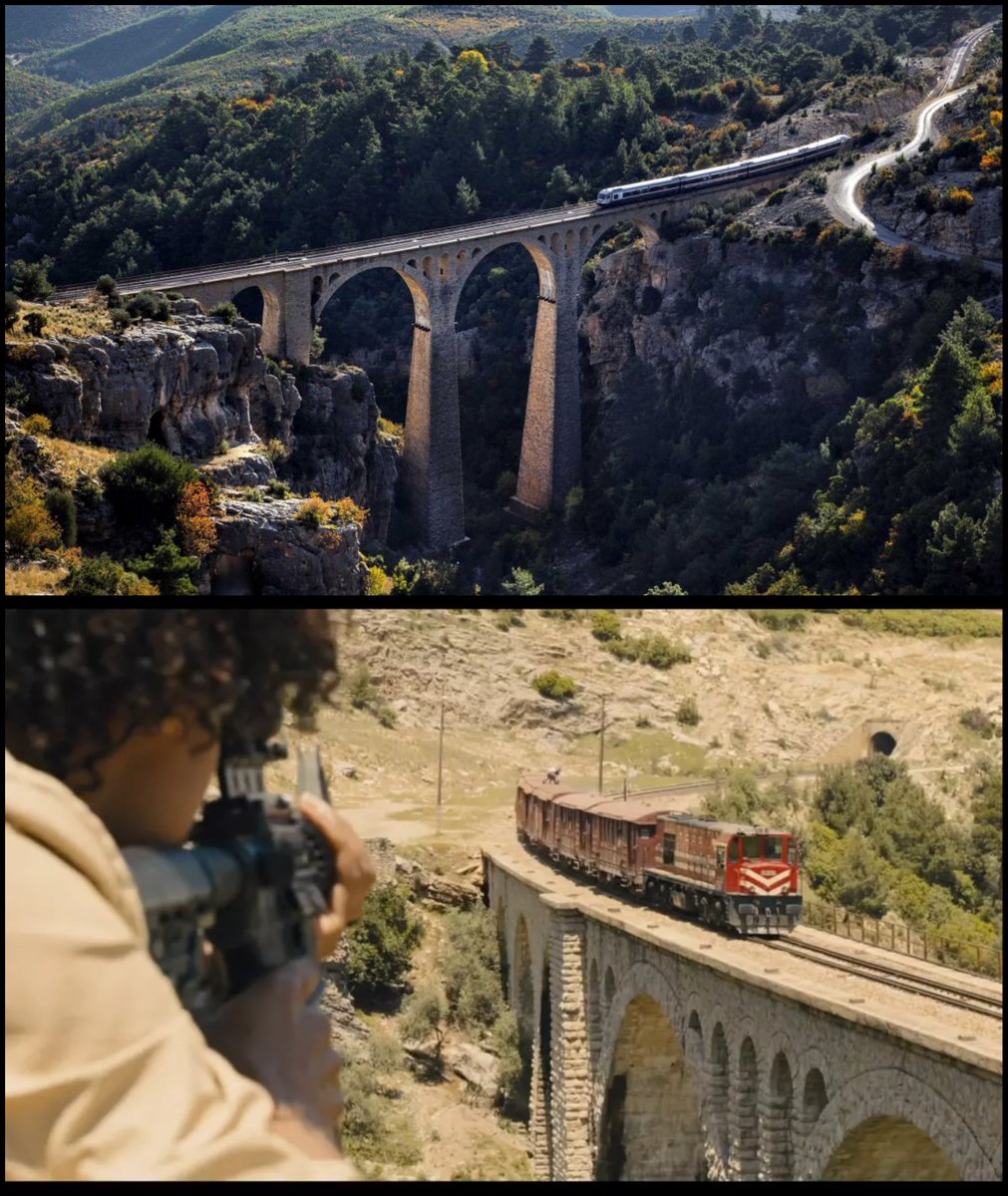 Another scene which seems like it must have been some sort of set or CGI is the viaduct from the opening scene of Skyfall. Not so — it was filmed at the impressive Varda Viaduct in Turkey, built in 1916, nearly 100m tall: