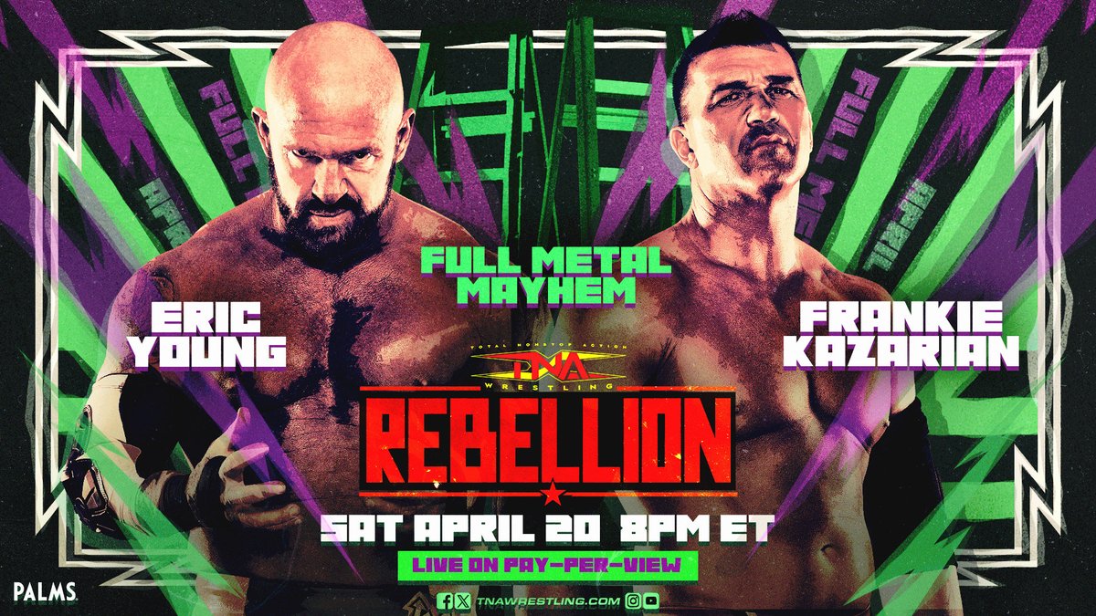 BREAKING: @FrankieKazarian will face @TheEricYoung in FULL METAL MAYHEM at #Rebellion on April 20 LIVE on PPV and TNA+ from the Palms in Las Vegas Get tickets and be there LIVE: ticketmaster.com/tna-wrestling-…