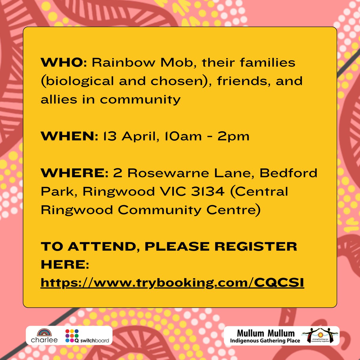 Charlee, @switchboard_vic and @mmigp are throwing a Rainbow Mob Family Day! Calling all rainbow mob and their families (biological and chosen) to head to CRCC Ringwood on April 13 for stalls, yarning, sausage sizzle and giveaways - spread the word! trybooking.com/CQCSI