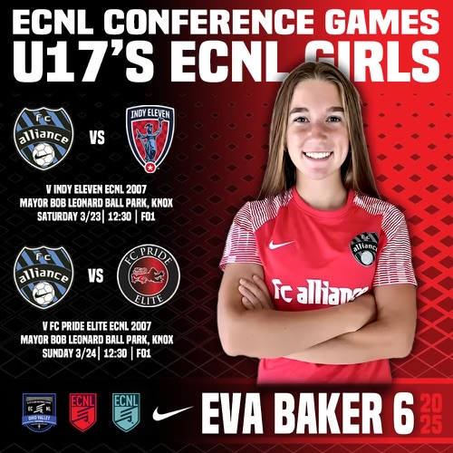 Come watch us play! Saturday (3/23) 12:30pm: FC Alliance ECNL 07 vs Indy Eleven ECNL 07 and Sunday (3/24) 12:30pm: FC Alliance ECNL 07 vs FC Pride Elite ECNl 07. Both games are on Field 1 at 301 Watt Rd, Knoxville, TN 37934. I will be playing CB (jersey #6) but also play OB/WB