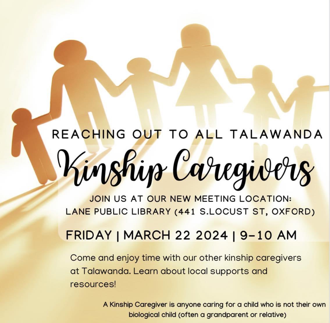 TOMORROW! 📣Calling all Kinship Caregivers! Come and enjoy time with our other kinship caregivers at Talawanda. Learn about local supports and
resources!

A Kinship Caregiver is anyone caring for a child who is not their own biological child (often a grandparent or relative).