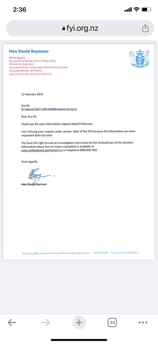 In February Gus M made an OIA requesting details of all correspondence between David Seymour and the TPU, Hobson’s Pledge or the Atlas Network including emails and texts. 
This is Seymour’s reply. What’s he hiding? #nzpol #atlasnetwork #nzmedia