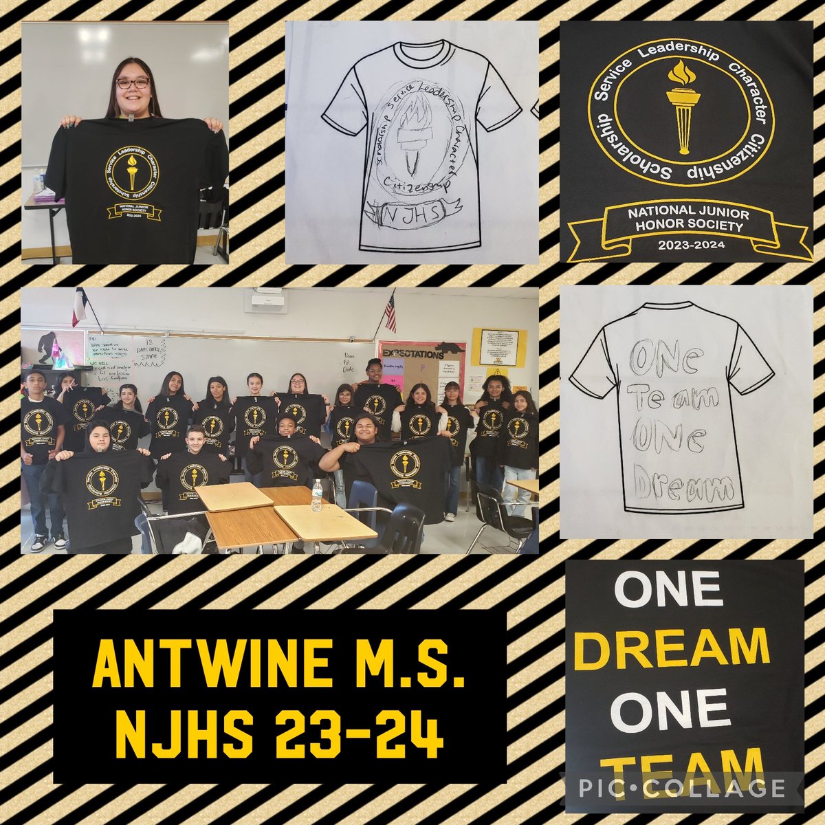 NJHS members all holding up their new shirts designed by our very own Annalissa! 💛🖤💛#TeamSISD #NJHS <a href="/HAntwine_MS/">Patricia Pedroza</a> <a href="/MChavez_AMS/">Monica Chavez</a>