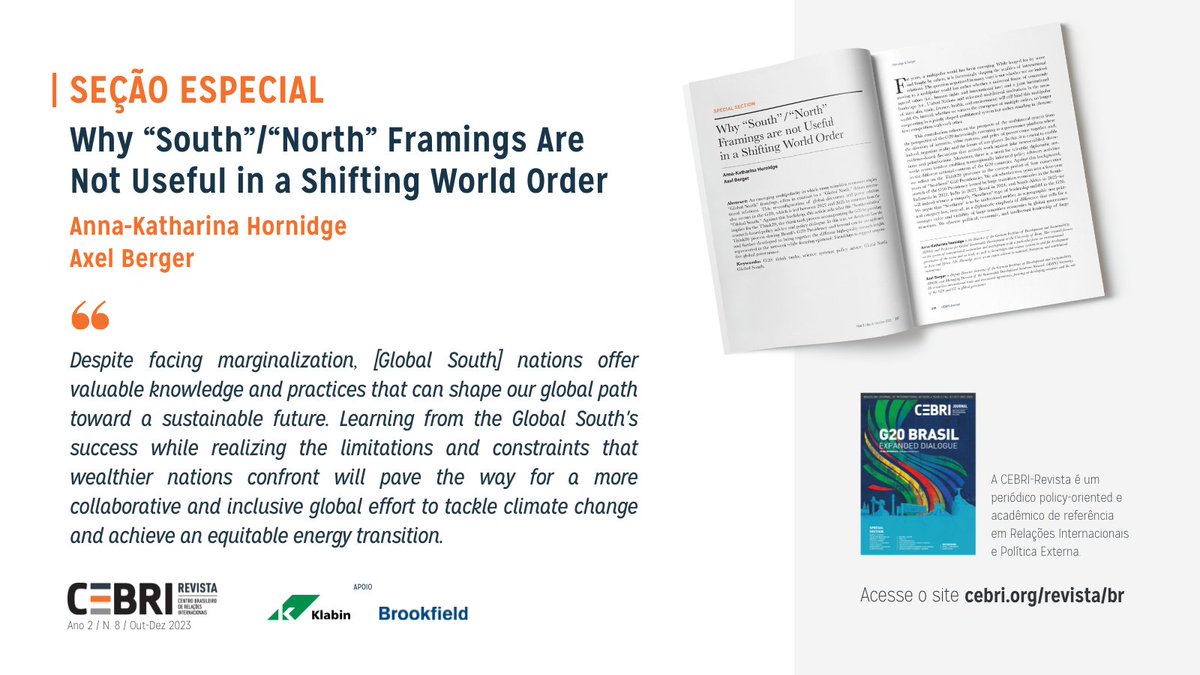 #CEBRIRevista Neste artigo, Anna Hornidge (@AnnaK_Hornidge) e Axel Berger (@ax_berger) investigam a influência do Sul Global durante a presidência brasileira do G20 e suas implicações para o Think20 em uma Ordem Mundial em transformação

🔗Leia em: cebri.org/revista/br/art…