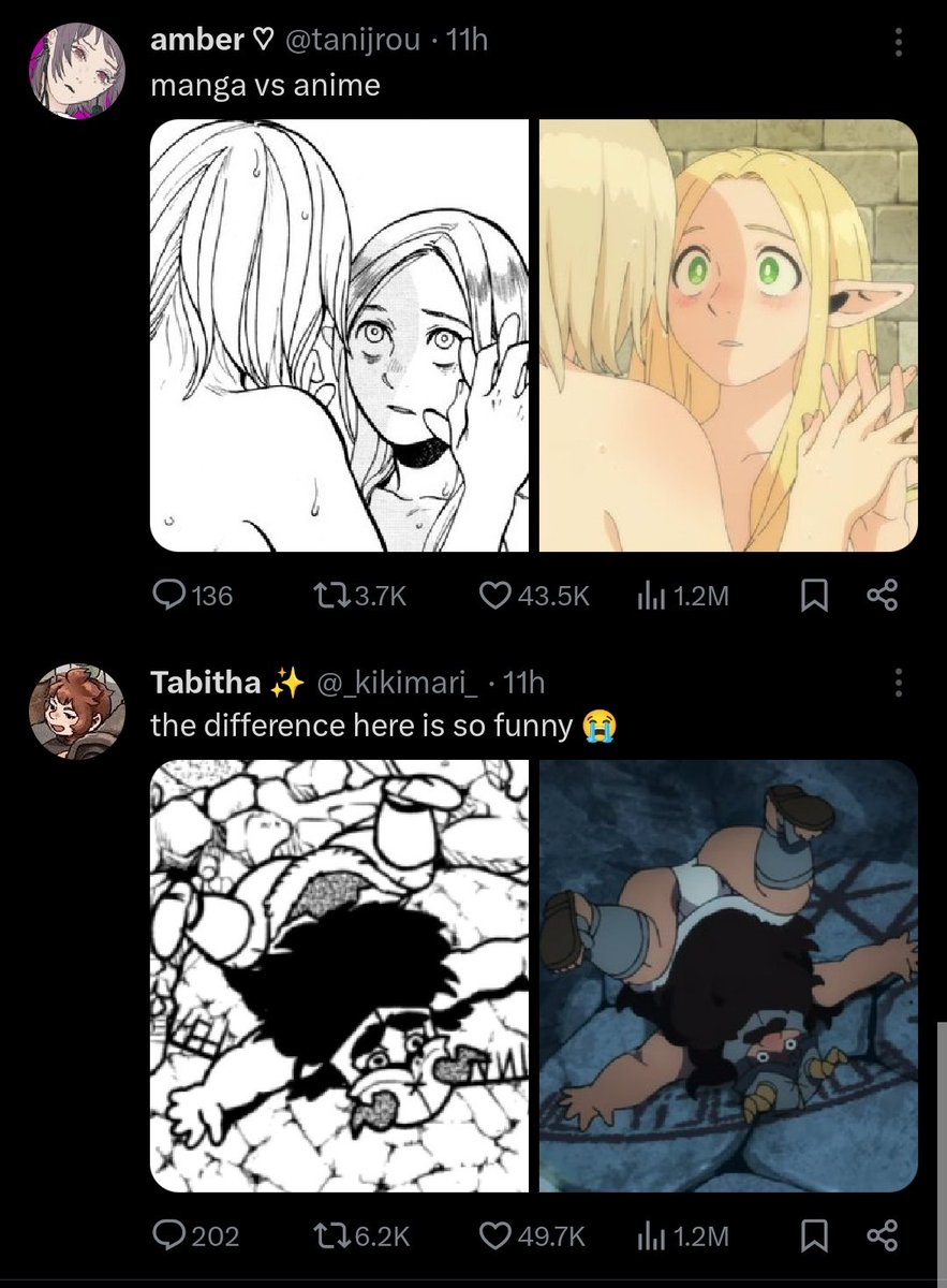 i love how dungeon meshi viral posts consist mostly of yearning yuri and old man panty shot