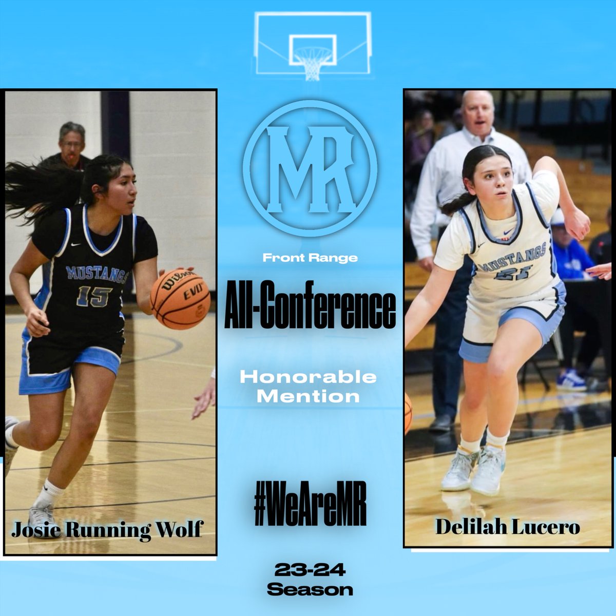 Josie &amp; Delilah earned conference awards in our last year in the Front Range League! We are proud of these two Mustangs for leading our program and continuing to compete. Next year will be 🔥 for these ladies!! 🏀 #WeAreMR