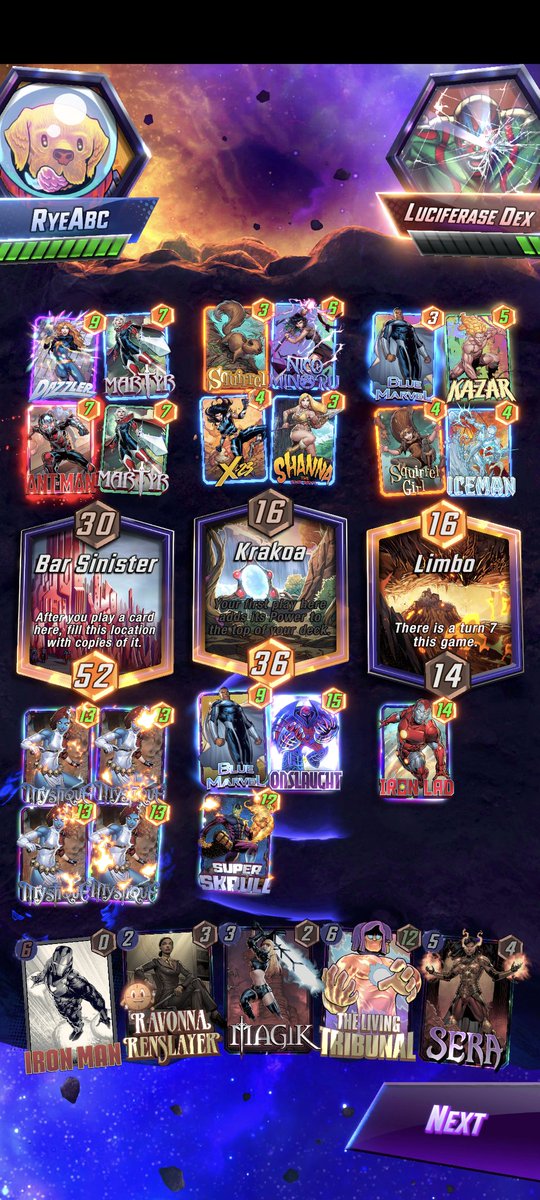 MarvelSnapper's tweet image. Coolest win in a while. All in Tribunal doesn't always have to go all in. Figuring out the alt wins are always a fun puzzle to solve. #MarvelSnap