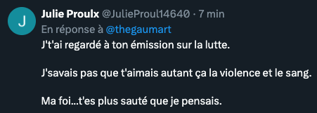 Ahahahahahah ! 
@Julieproul14640 c'est ma meilleure.
Donnez-lui un follow, c'est le meilleur compte parodique du Québec !

La 'violence' à la lutte...
@carreoldschool