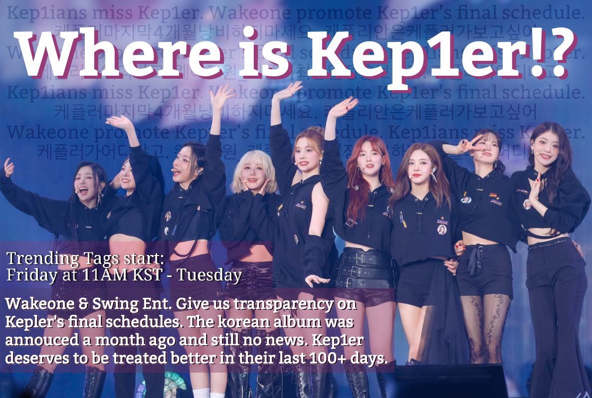 katsfile's tweet photo. [TAGS] 22-26th Mar

@wakeone_offcl @Official_SWING give us transparency on Kep1er’s final schedules. Treat Kep1er better, we only have 100+ days left

Don’t waste Kep1er’s last 4 months
#케플러마지막4개월낭비하지마세요 #웨이크원_케플러최종일정홍보하자 #케플리안은케플러가보고싶어 https://t.co/oAvtWQcUFC