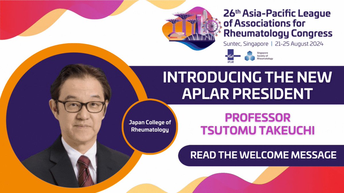 We're thrilled to announce Professor Tsutomu Takeuchi as the new President of #APLAR24! We are honoured and eagerly await his invaluable insights and expertise in guiding the upcoming Congress in Singapore this August 2024. Learn more: tinyurl.com/APLAR24-Homepa…