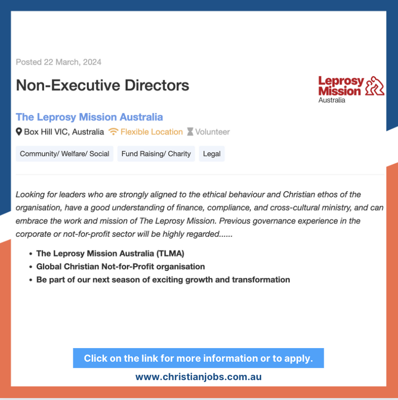 FEATURED JOB
For further information, click here: ow.ly/X39p50QZhNm 

#ChristianjobsAustralia #ChristianJobsAU #ChristianCareers #AussieChristians #ChristiansAustralia #Directorships #DirectorJobs #LeprosyMission