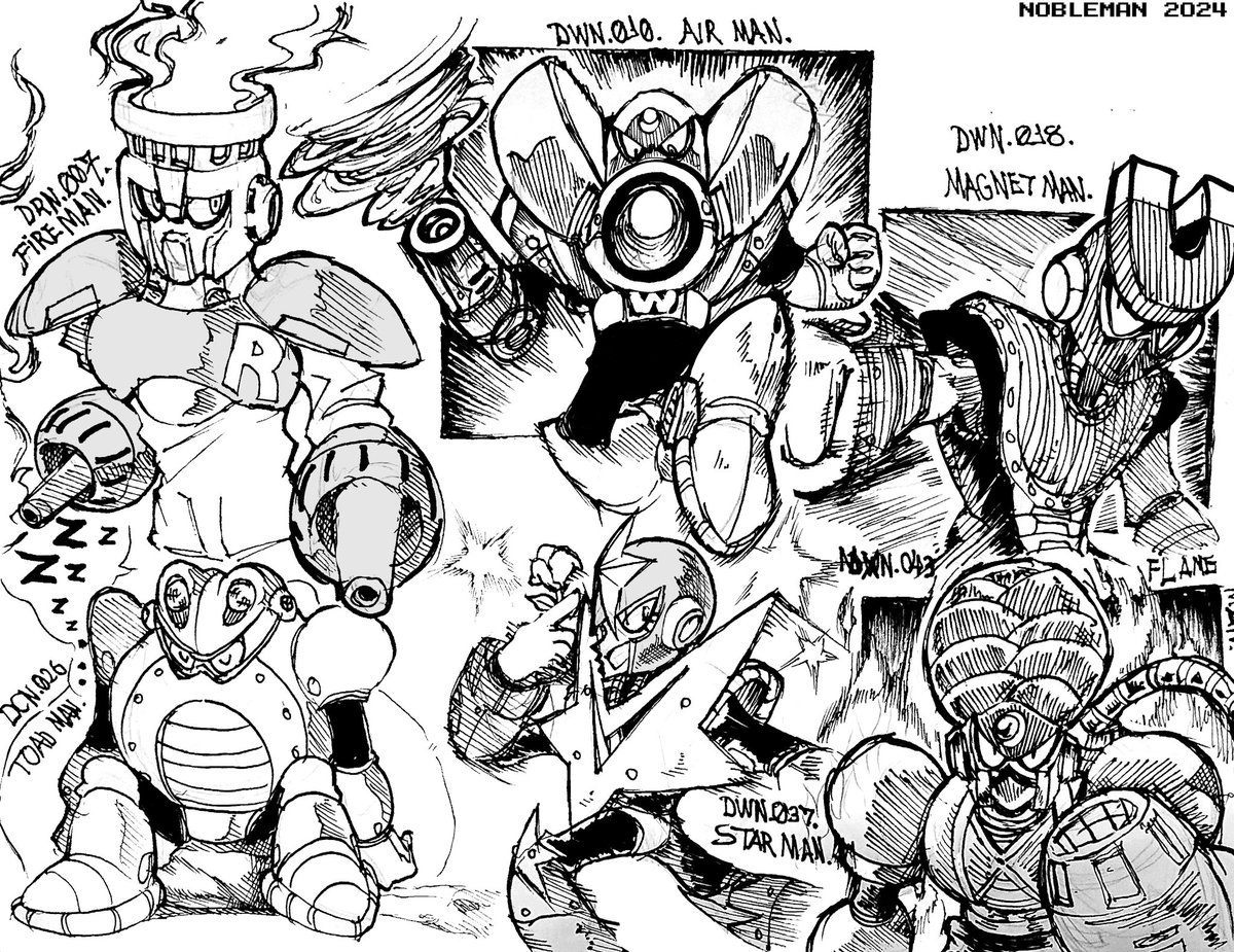 I made some sketches made with ink pens of the first six Robot Masters in the Megamix style ✍️🗿
 
#Megaman #ロックマン #robotmaster