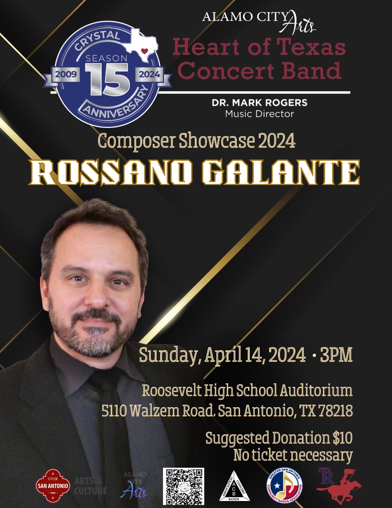 htxcb's tweet image. Meet the composer at our next concert!
Sun April 14   3 PM
Heart of Texas Concert Band

Featuring music of Rossano Galante,
Composer for Film &amp;amp; Television

Roosevelt High School
5110 Walzem Road
San Antonio, TX 78218
HTxCB.org
4128 Warm Winds
San Antonio, TX 78253
